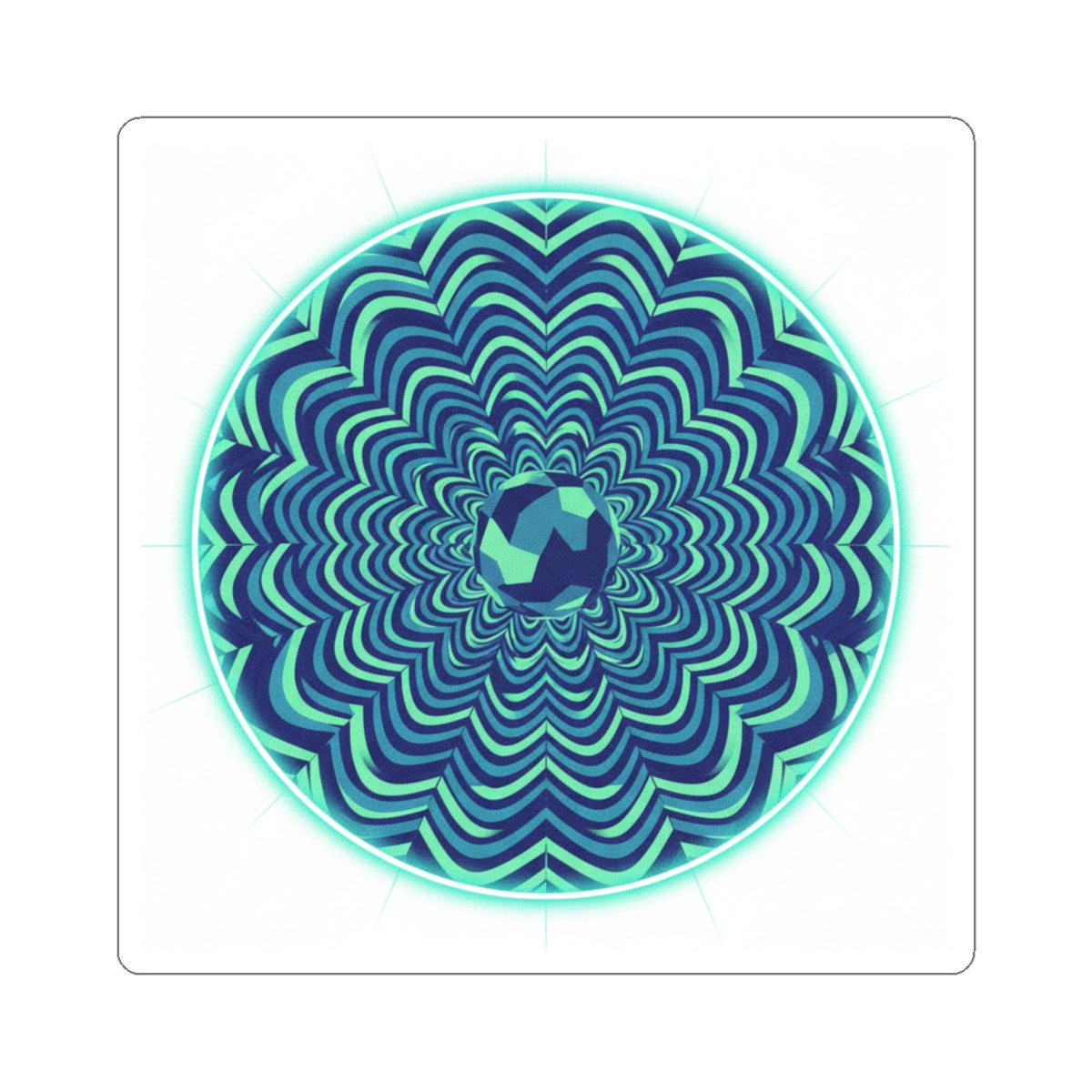 Psychedelic Mandala Circle Sticker — Teal Optical Illusion Kiss-Cut
