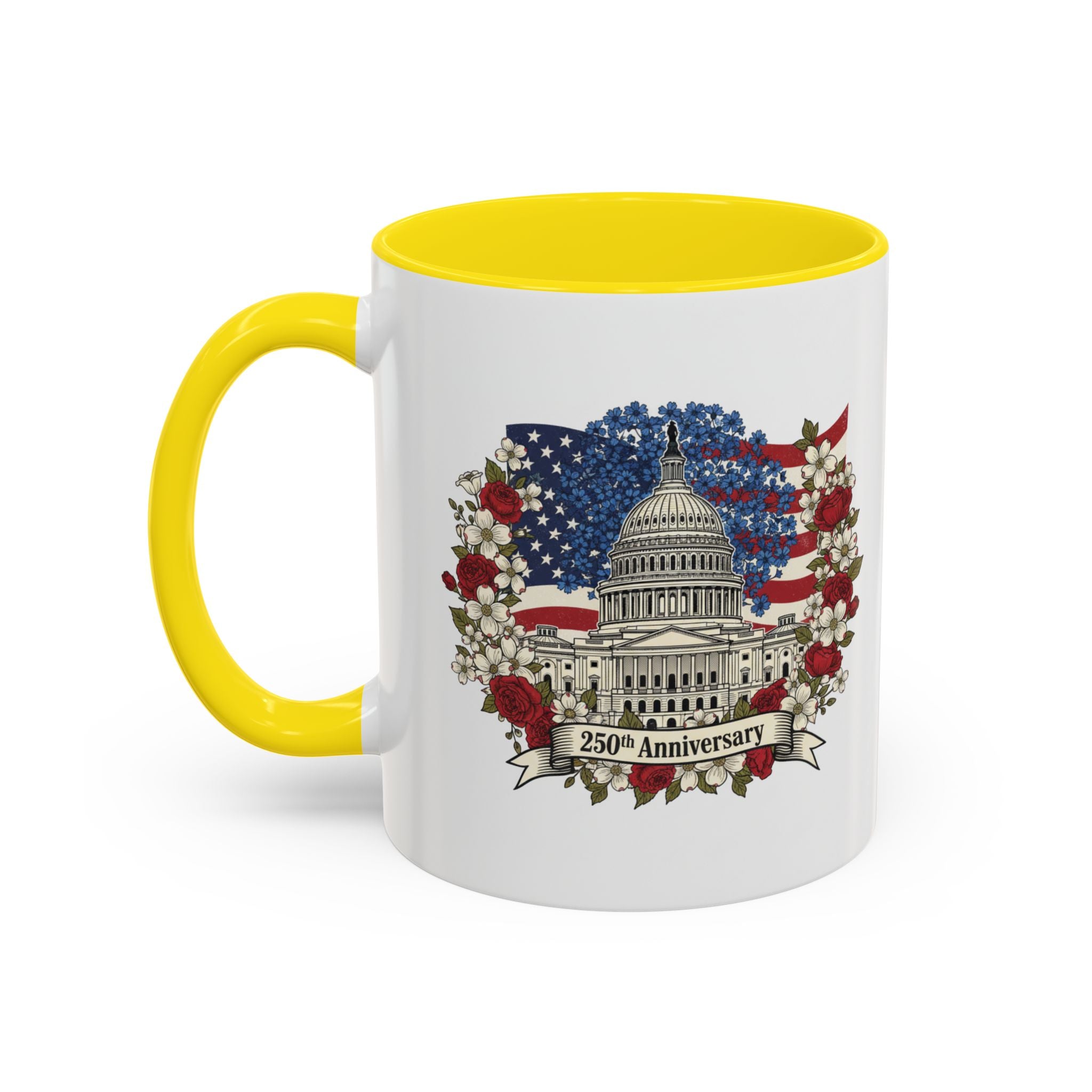 Capitol 250th Anniversary Accent Coffee Mug – Patriotic American Flag Floral Design (11/15oz)