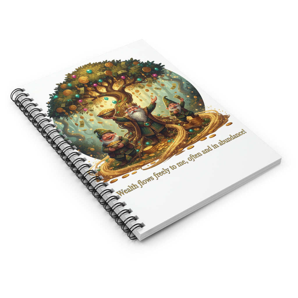 Wealth Flow Spiral Notebook — Inspirational Gnome Tree Journal ("Wealth flows freely to me, often and in abundance")