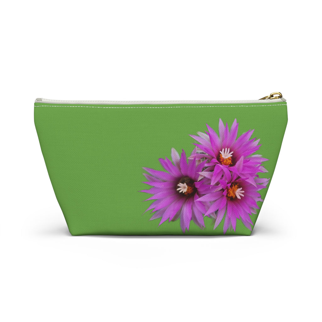 Floral Accessory Pouch — Pink Cactus Flowers on Green Makeup Bag