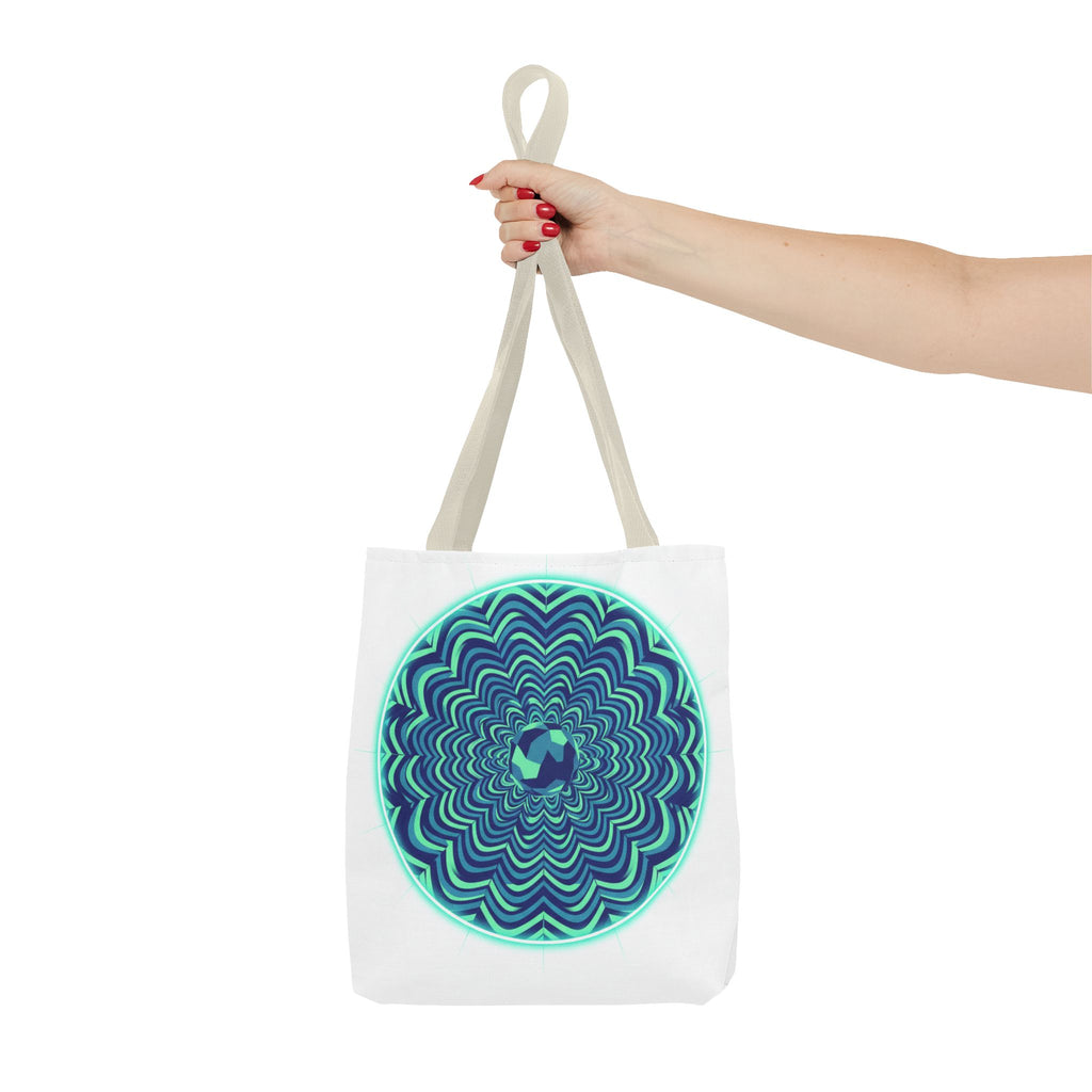Psychedelic Mandala Tote Bag — Blue Green Optical Art All-Over Print