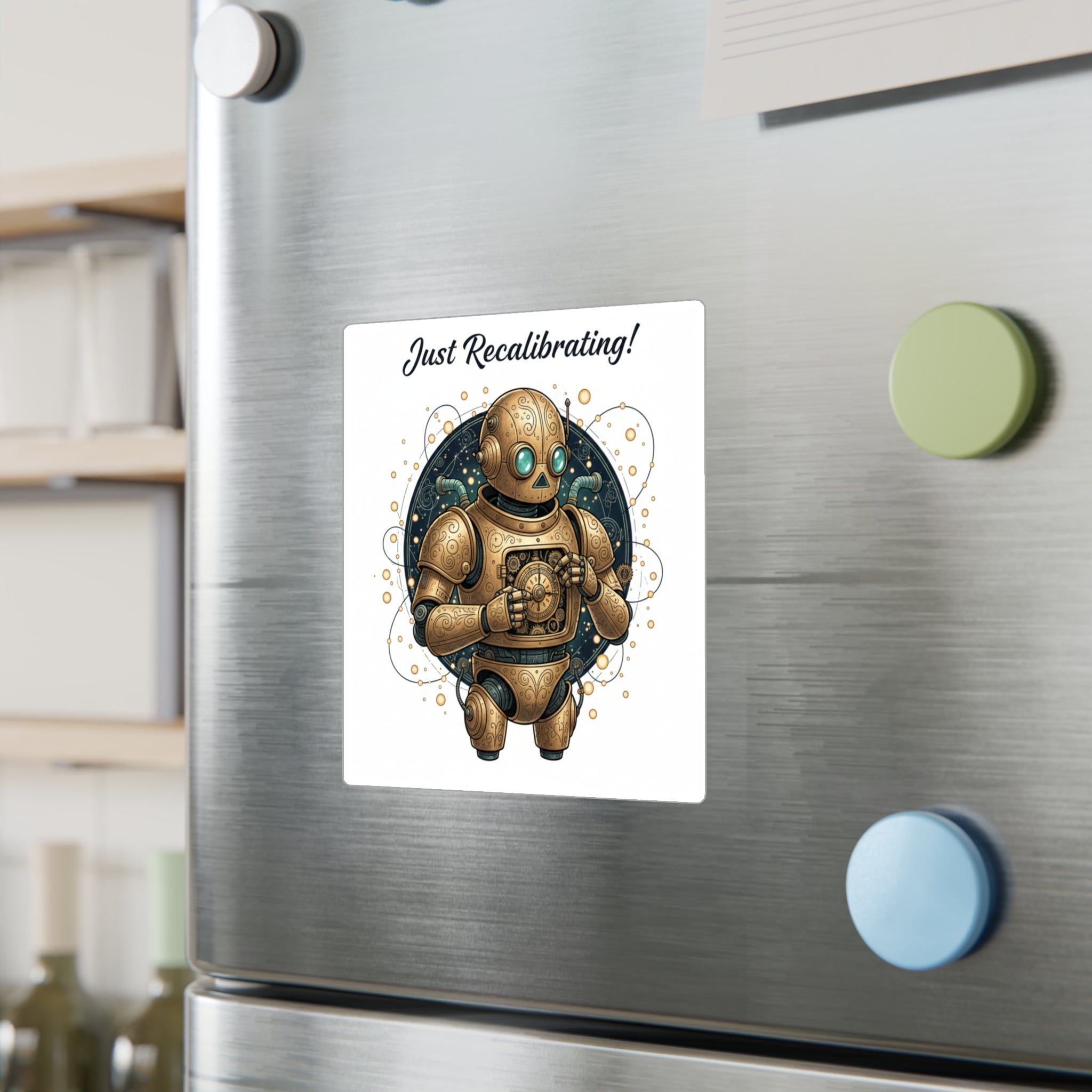 Just Recalibrating Robot Vinyl Sticker — Steampunk Retro Robot Kiss-Cut Decal