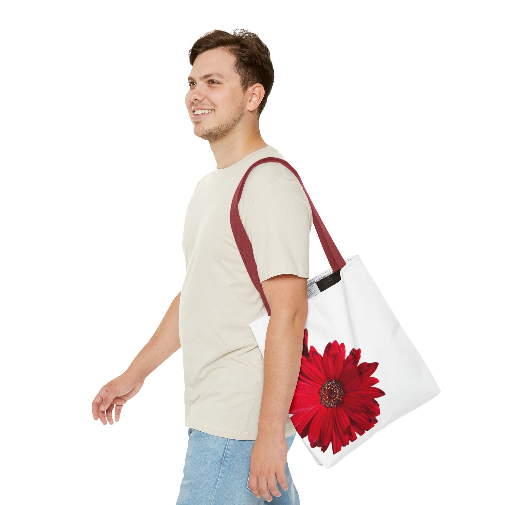 Red Gerbera Floral Tote Bag – Bright Daisy Print Canvas Tote
