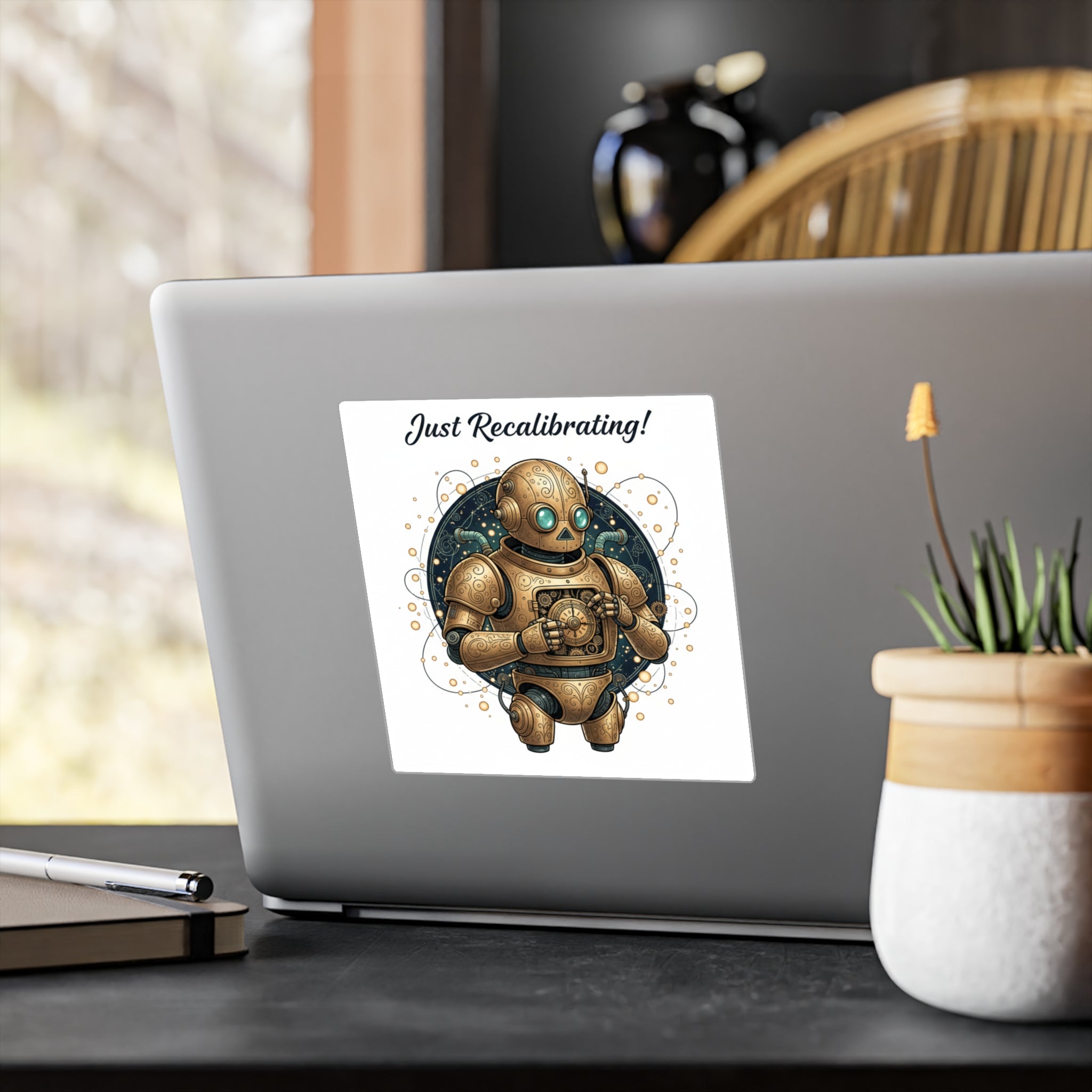 Just Recalibrating Robot Vinyl Sticker — Steampunk Retro Robot Kiss-Cut Decal
