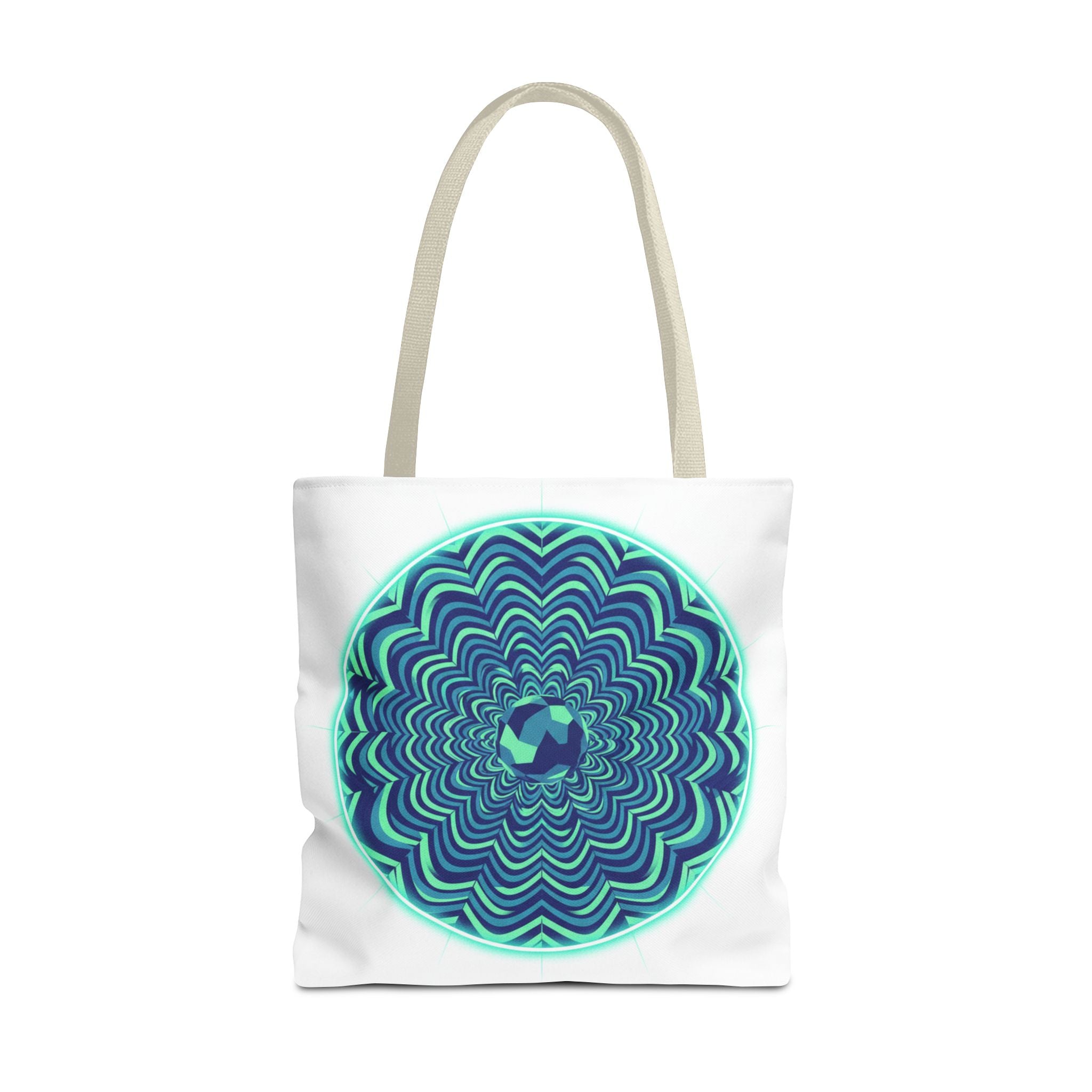 Psychedelic Mandala Tote Bag — Blue Green Optical Art All-Over Print