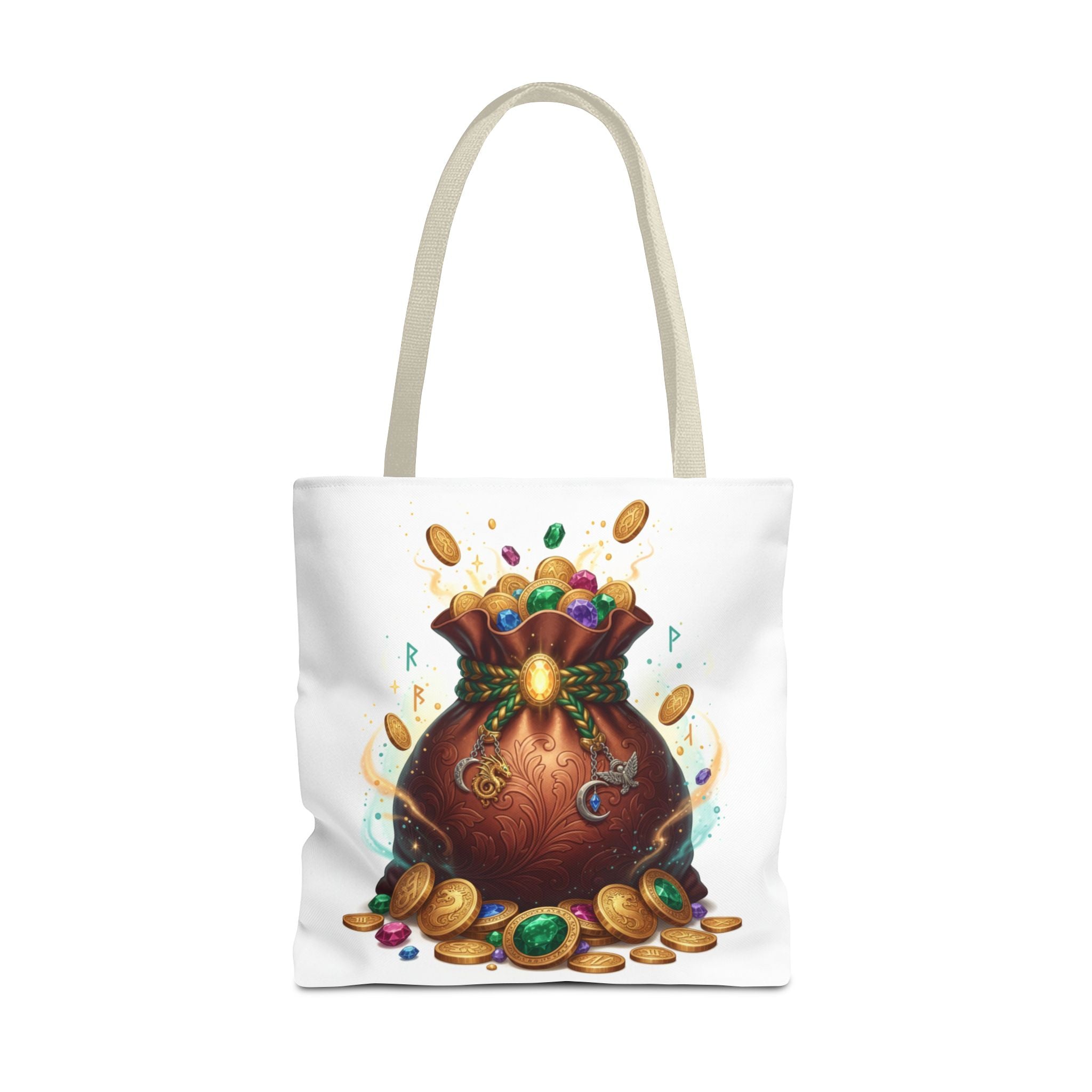 Treasure Pouch Tote Bag — Colorful Gem & Gold Coin All-Over Print Tote