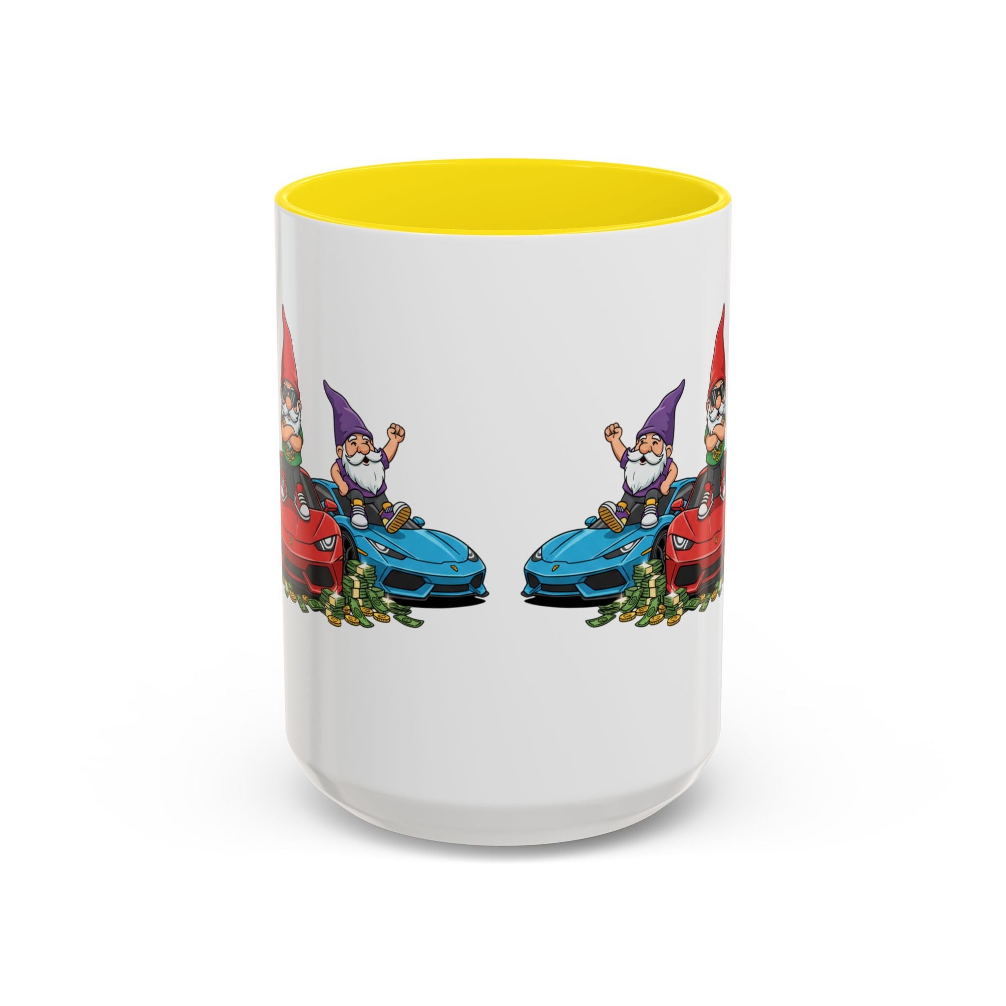 Gnome Car Crew Accent Coffee Mug — Racing Gnomes with Sports Cars (11/15oz)