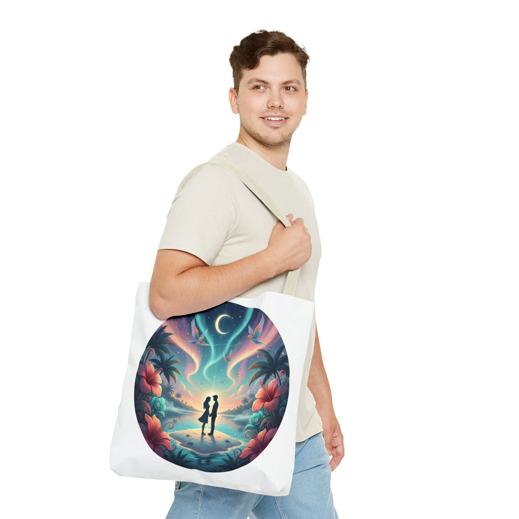 Romantic Moonlit Beach Tote Bag — Couple Silhouette Tropical Night Print