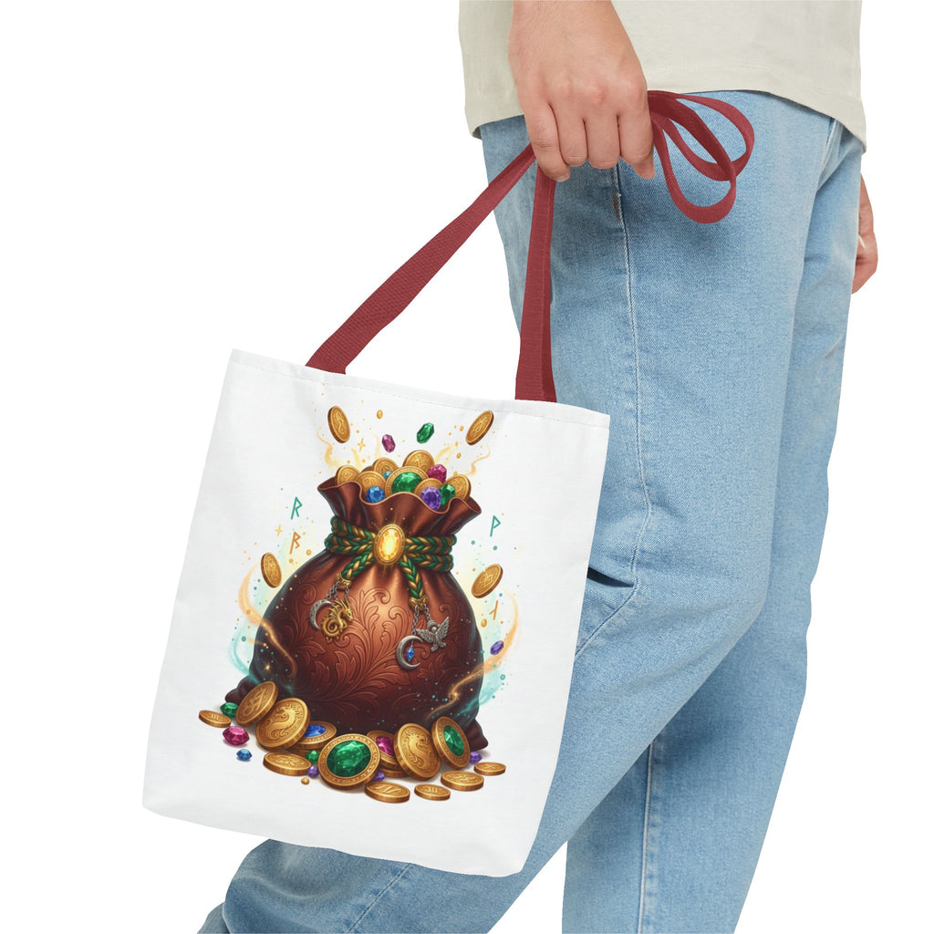 Treasure Pouch Tote Bag — Colorful Gem & Gold Coin All-Over Print Tote