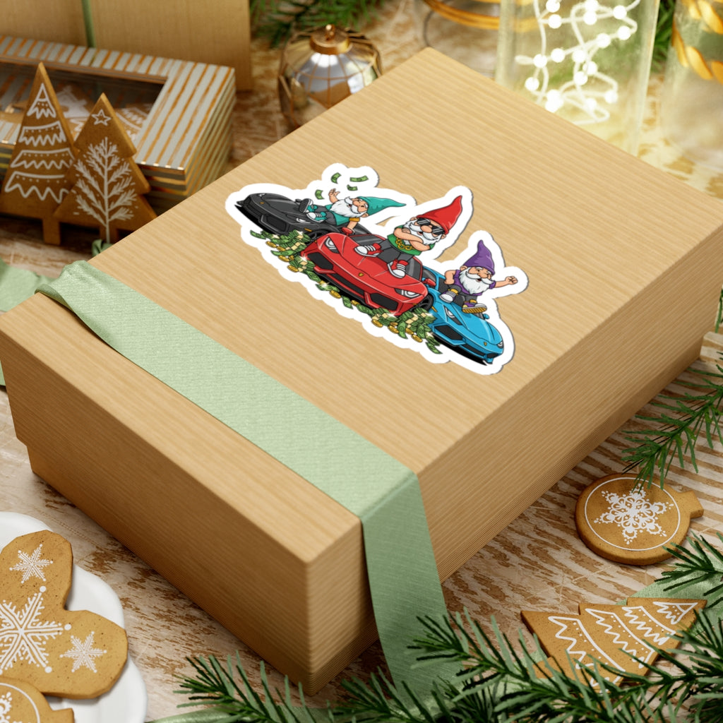 Racing Gnomes Sticker — Cute Car Gnome Kiss-Cut Decal for Laptops & Water Bottles