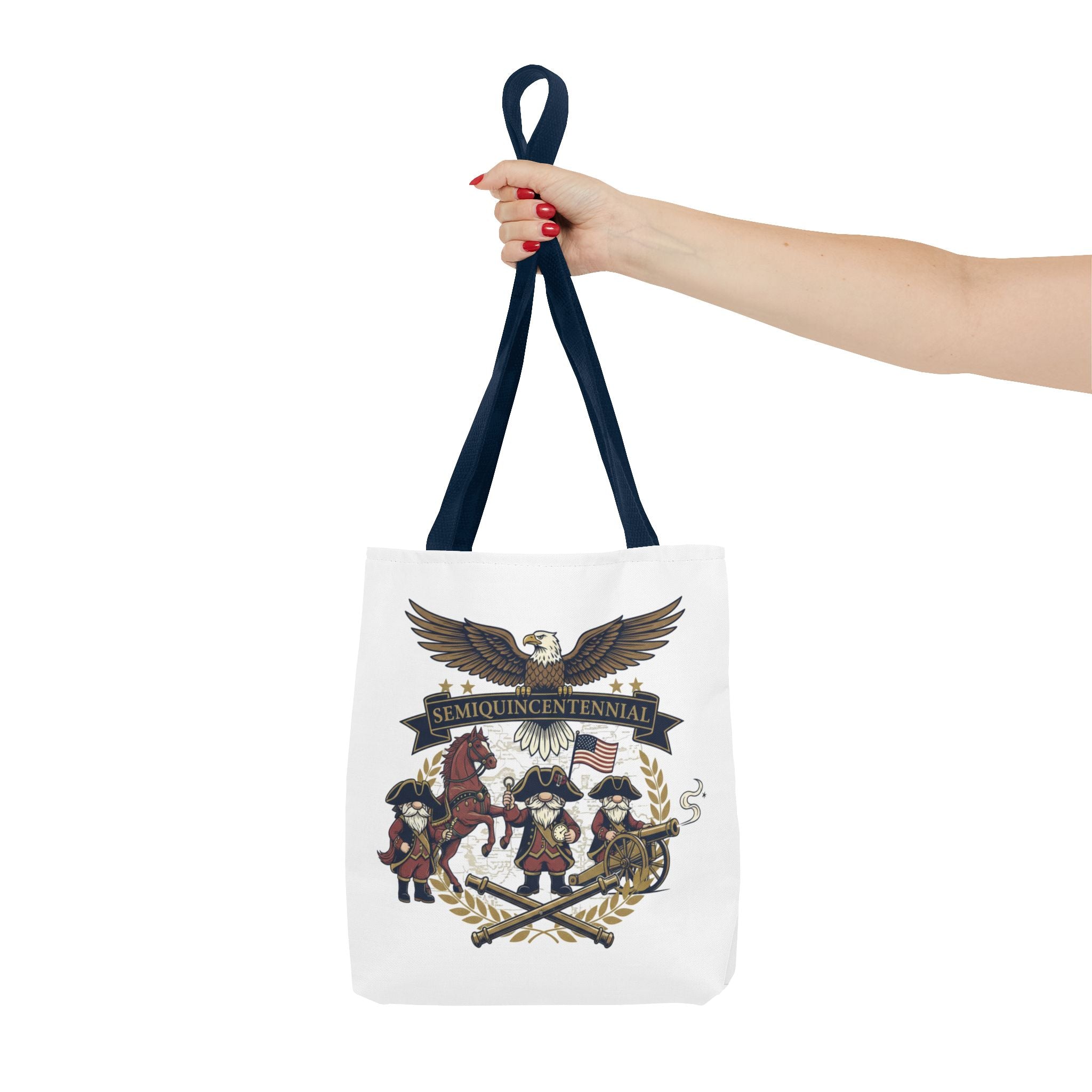 Semiquincentennial Patriotic Tote Bag — Eagle, Colonial Soldiers & Flags All-Over Print
