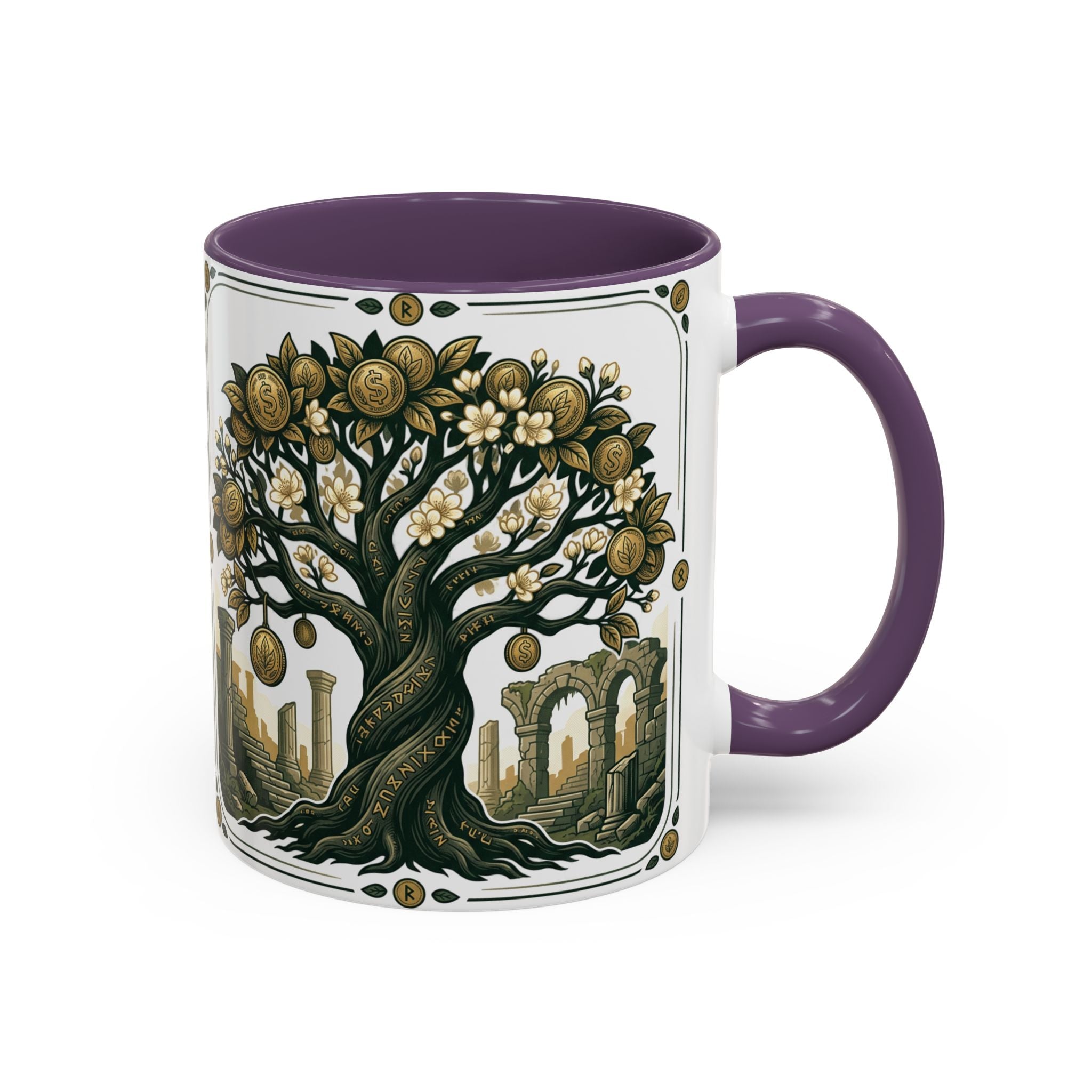 Ornate Tree of Coins Coffee Mug — Gold Ruins Accent Ceramic Mug (11/15oz)