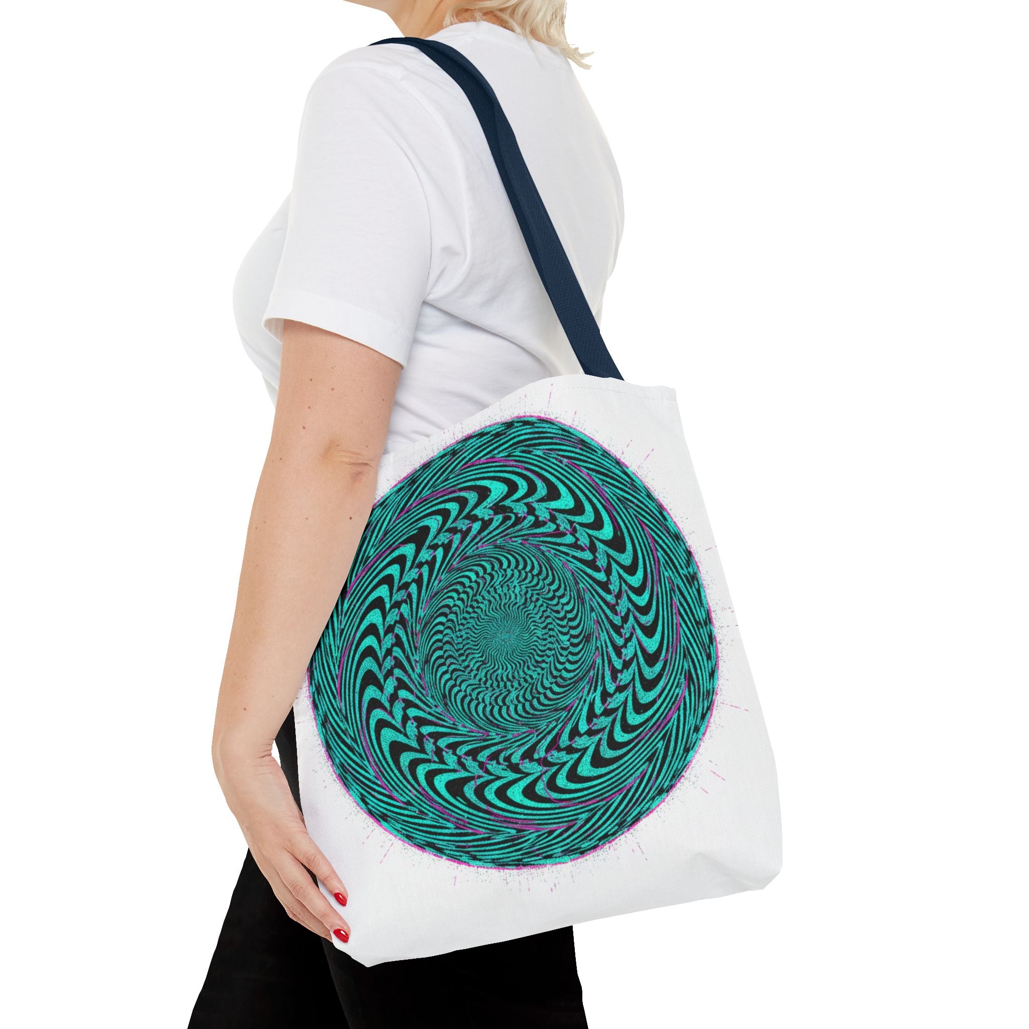 Psychedelic Spiral Tote Bag — Teal Optical Illusion All-Over Print