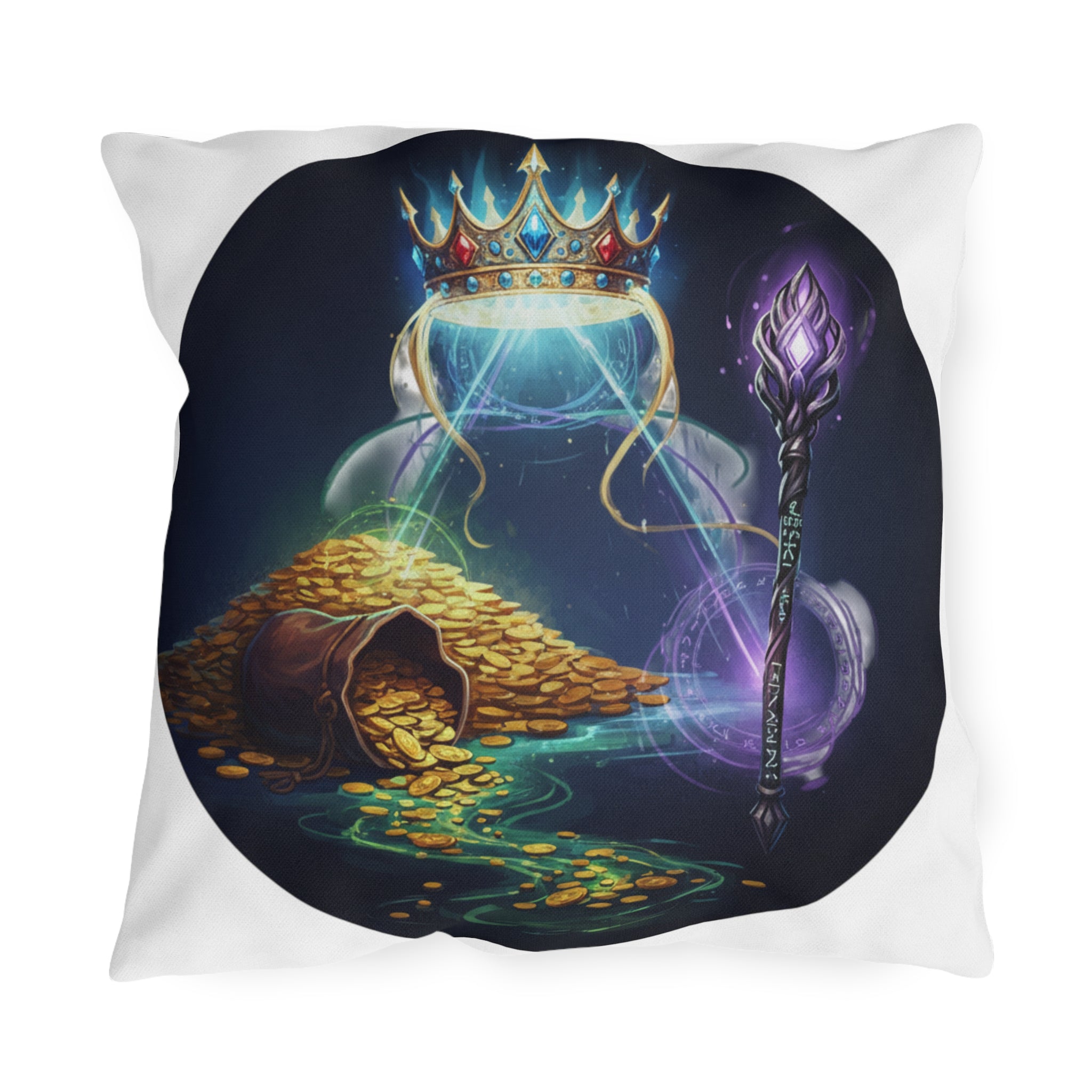 Fantasy Treasure Outdoor Pillow — Crown, Magic Staff & Gold Hoard Patio Accent