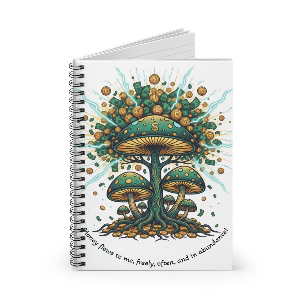 Money Mushroom Spiral Notebook – Psychedelic Wealth Illustration, Ruled Journal