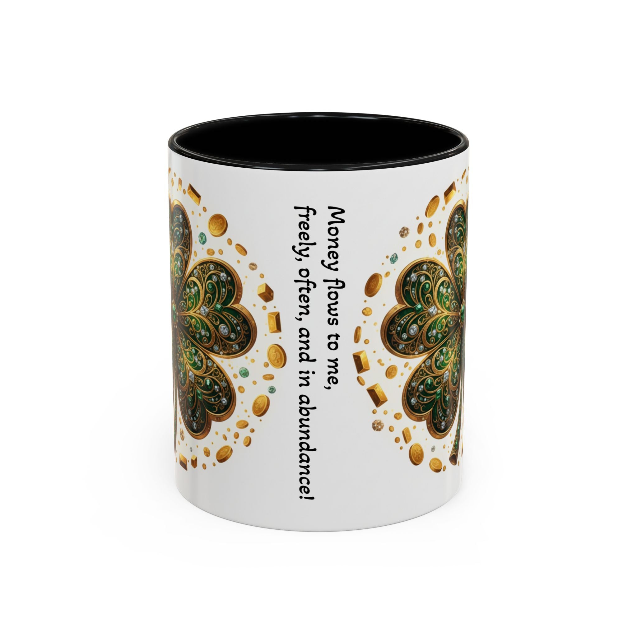 St. Patrick's Shamrock Coffee Mug — "Money Flows to Me" Lucky Charm Accent Mug