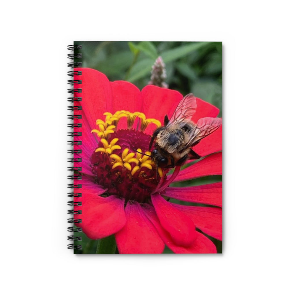 Bee on Red Zinnia Spiral Notebook — Ruled Journal for Nature Lovers