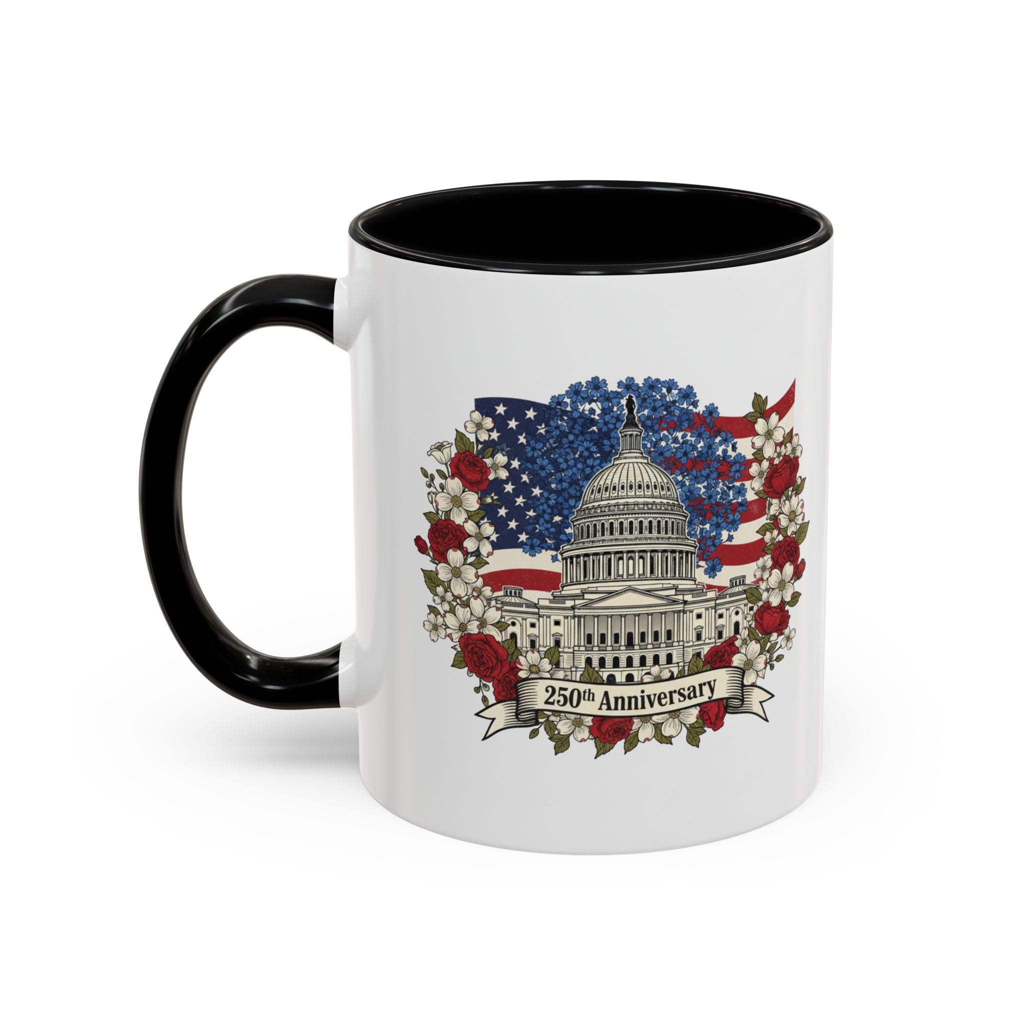 Capitol 250th Anniversary Accent Coffee Mug – Patriotic American Flag Floral Design (11/15oz)