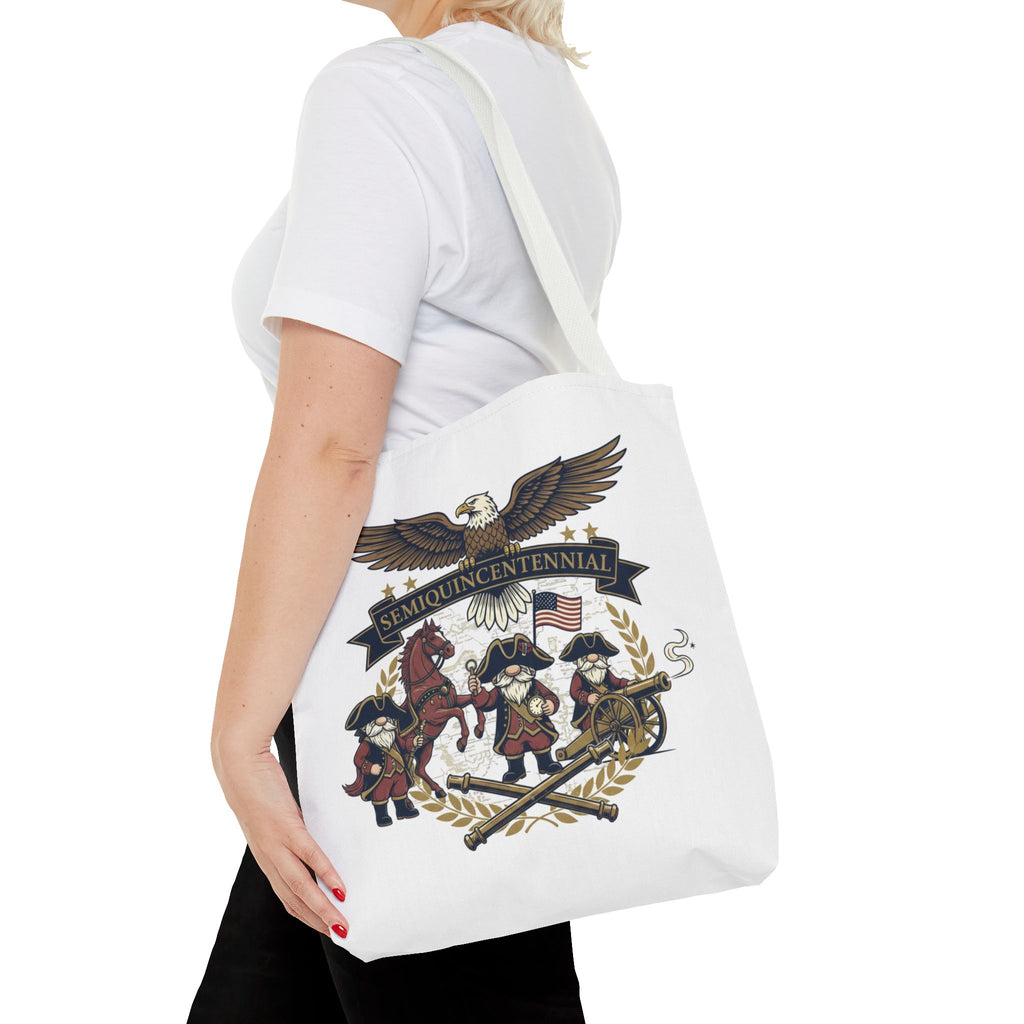Semiquincentennial Patriotic Tote Bag — Eagle, Colonial Soldiers & Flags All-Over Print