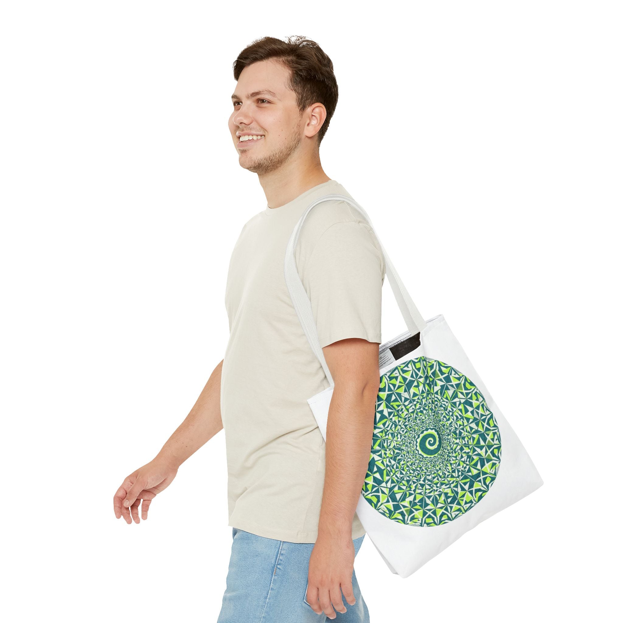 Spiral Mandala Tote Bag — Green Geometric All-Over Print Tote