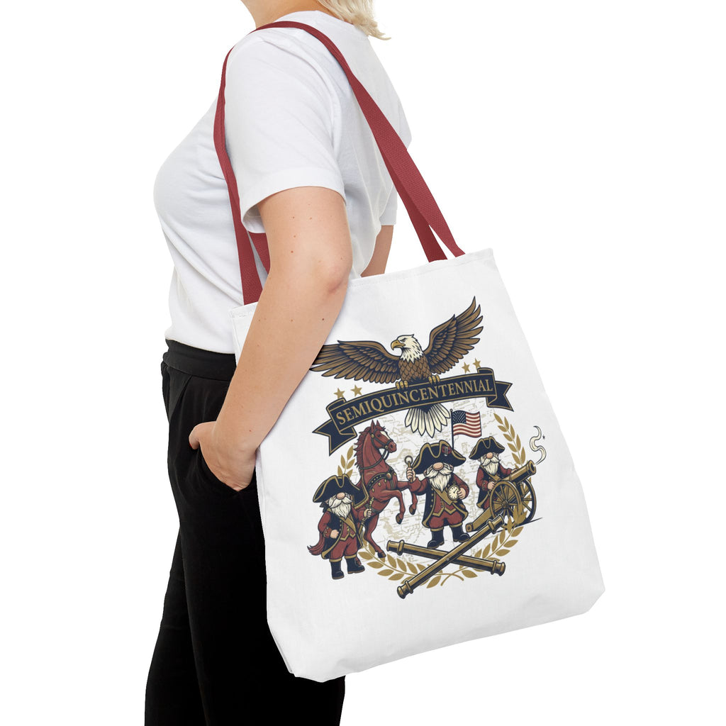 Semiquincentennial Patriotic Tote Bag — Eagle, Colonial Soldiers & Flags All-Over Print