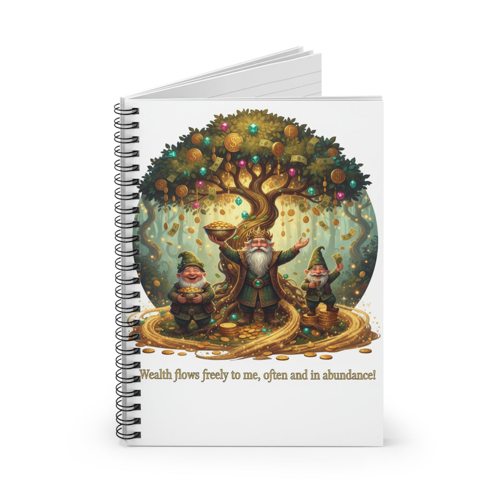 Wealth Flow Spiral Notebook — Inspirational Gnome Tree Journal ("Wealth flows freely to me, often and in abundance")