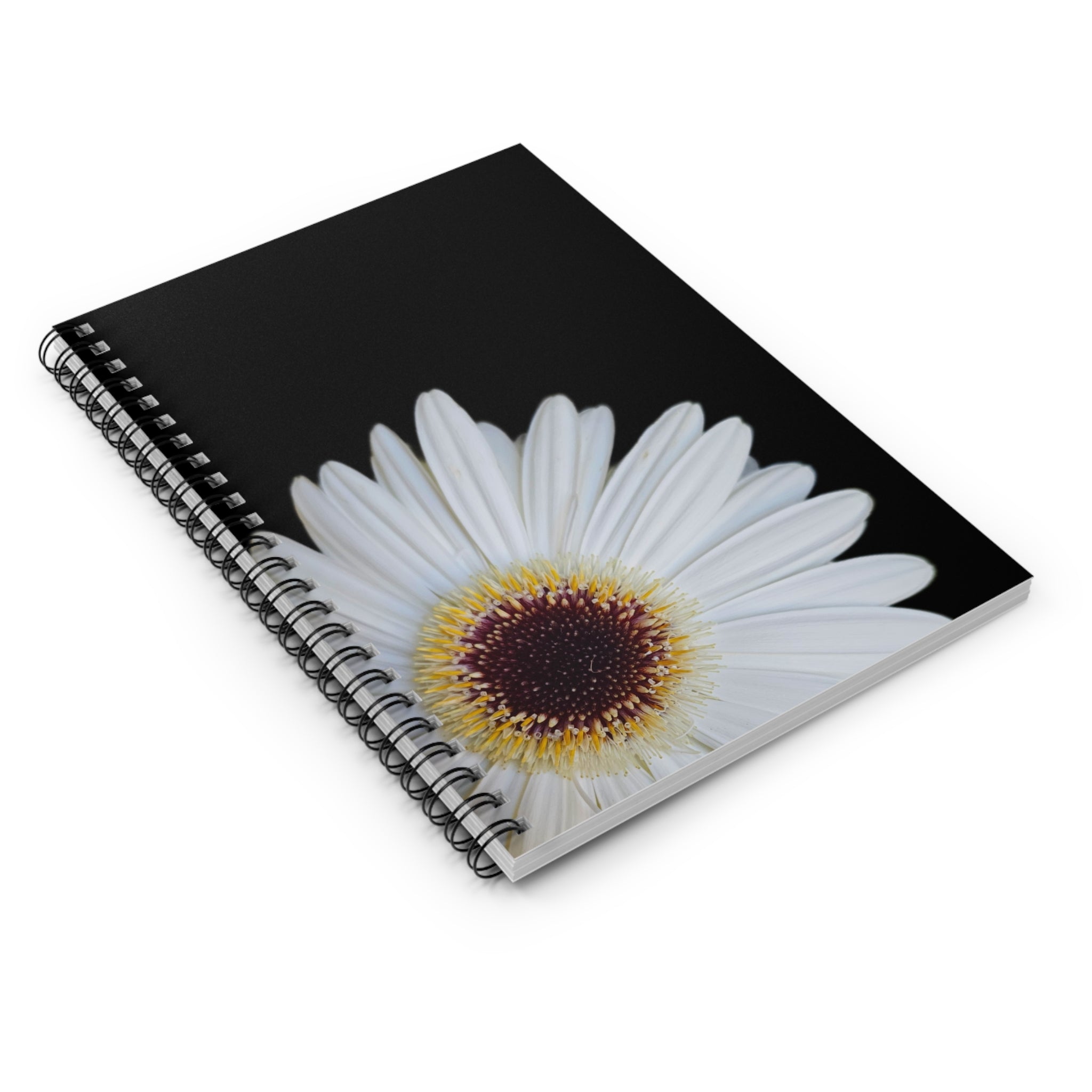 Daisy Blooms Spiral Notebook — Ruled Journal with White Daisy on Black Cover