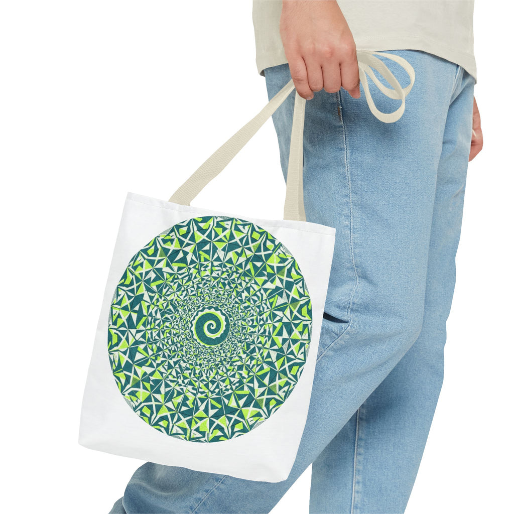 Spiral Mandala Tote Bag — Green Geometric All-Over Print Tote